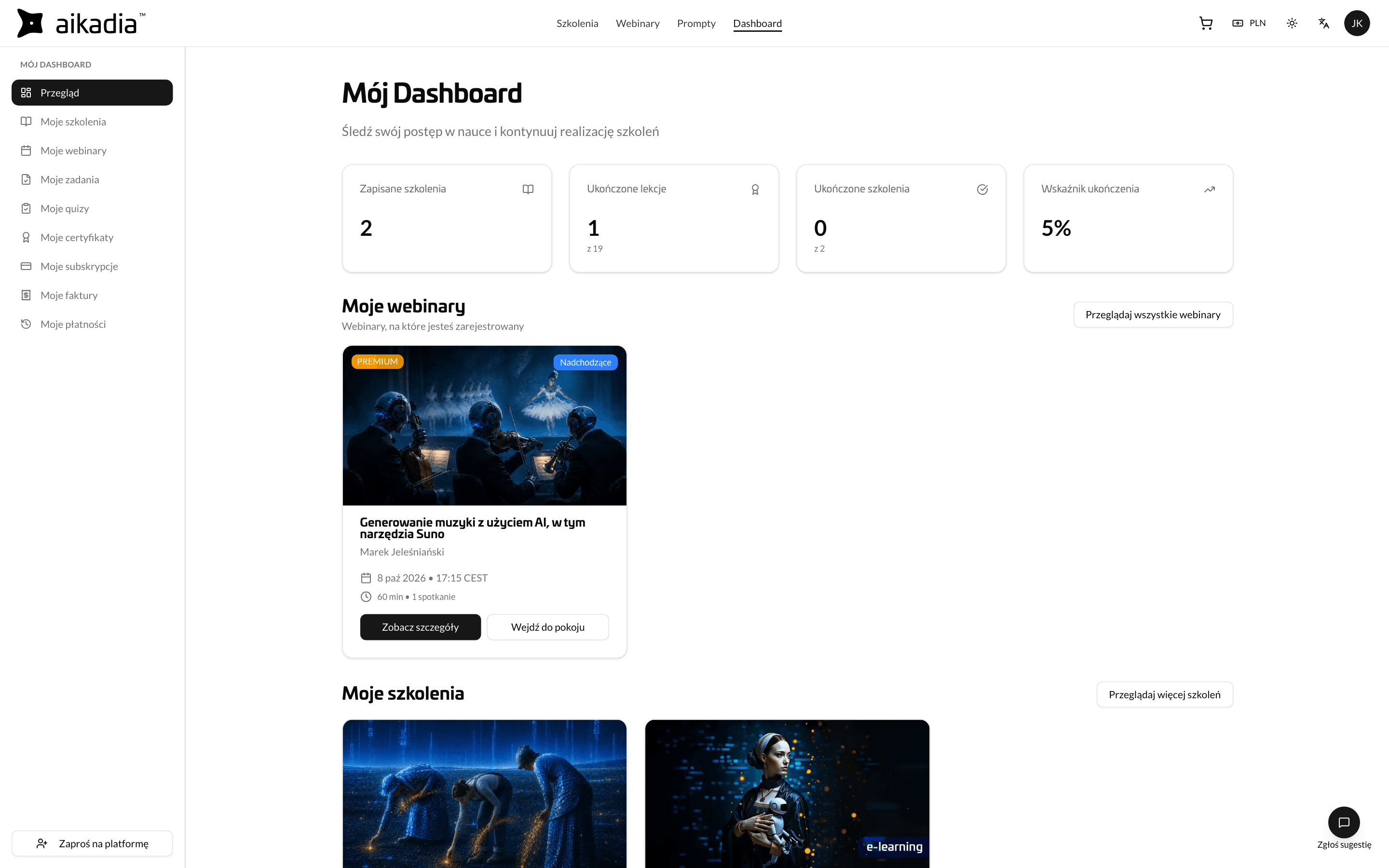 Learner dashboard: courses, webinars, assignments and certificates in one place
